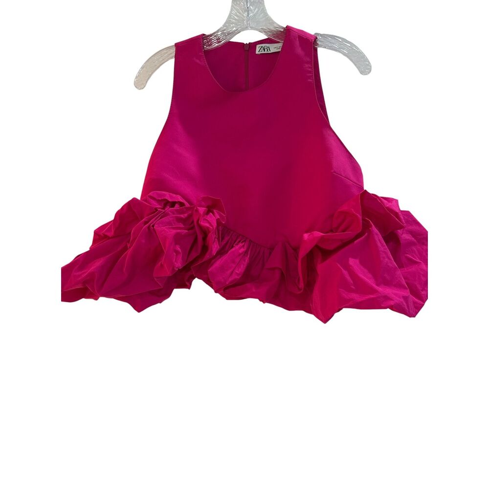Zara Limited Edition Voluminous Ruffle Hem Crop Top Fuchsia Pink XS EUC - Picture 6 of 9
